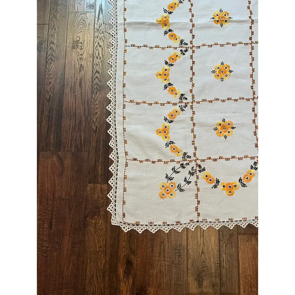 Vintage Embroidered Tablecloth Autumnal Orange Yellow Floral Crochet Lace Border